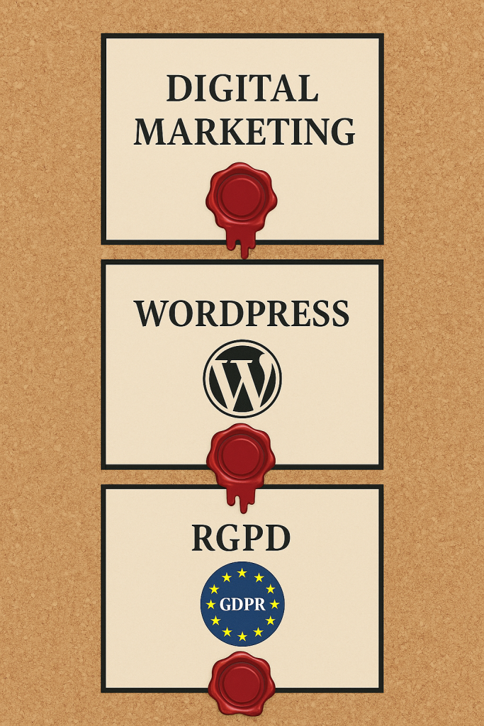 Image présentant trois certificats : marketing digital, WordPress et RGPD, chacun avec un logo et un sceau en cire sur fond de liège.